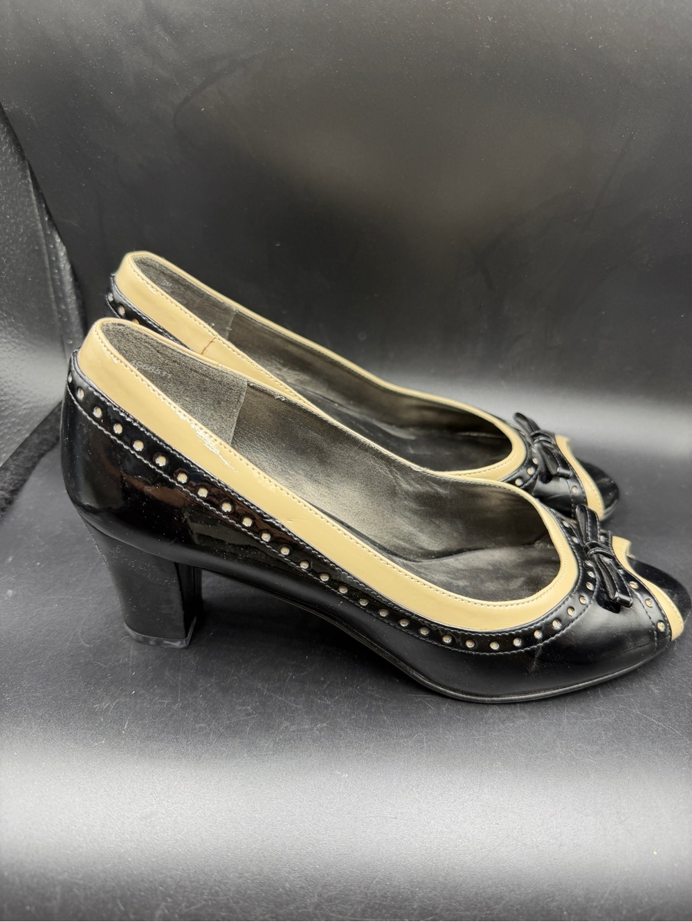 Impo Classic Black and Beige Leather Peep-Toe Heels
